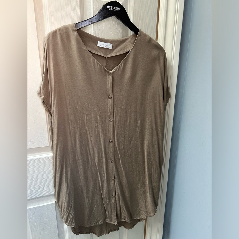 Oak + Fort Tan V Neck Shirt Dress